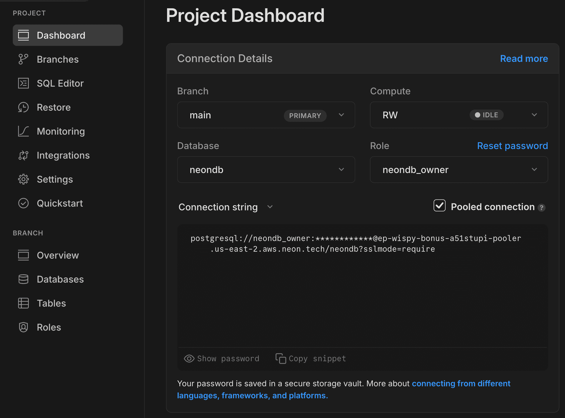 Connection Details pooled connection string