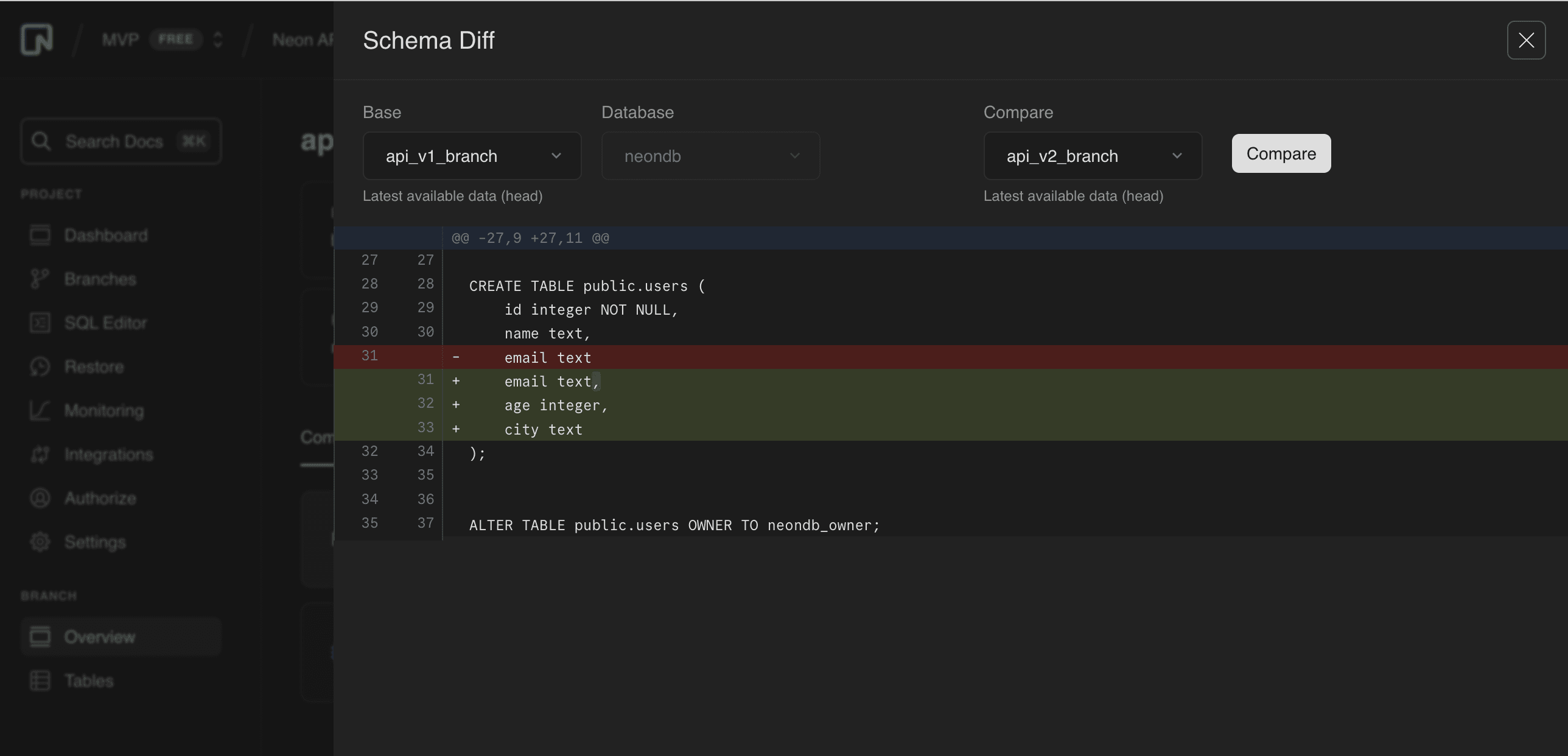 Neon's Schema Diff feature to track and compare schema changes