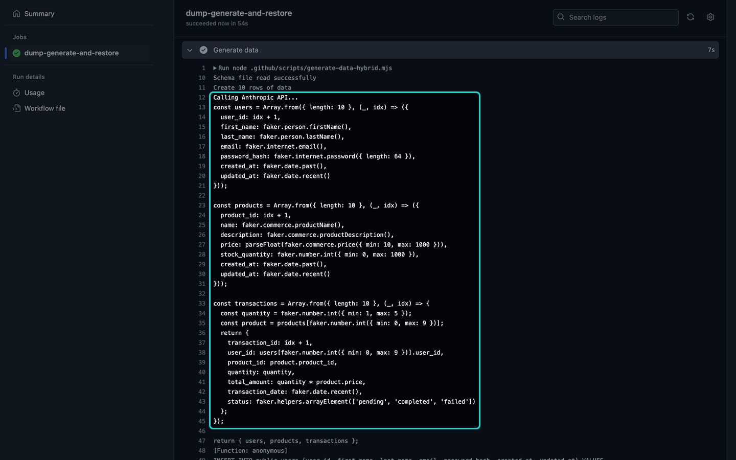 Screenshot of GitHub Action's logs displaying JavaScript objects with faker.js